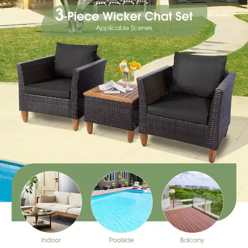 Ensemble de canapé de terrasse en rotin tressé Costway 3 pièces, mobilier d’extérieur en acacia pour conversations
