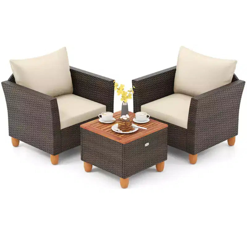 Ensemble de canapé de terrasse en rotin tressé Costway 3 pièces, mobilier d’extérieur en acacia pour conversations