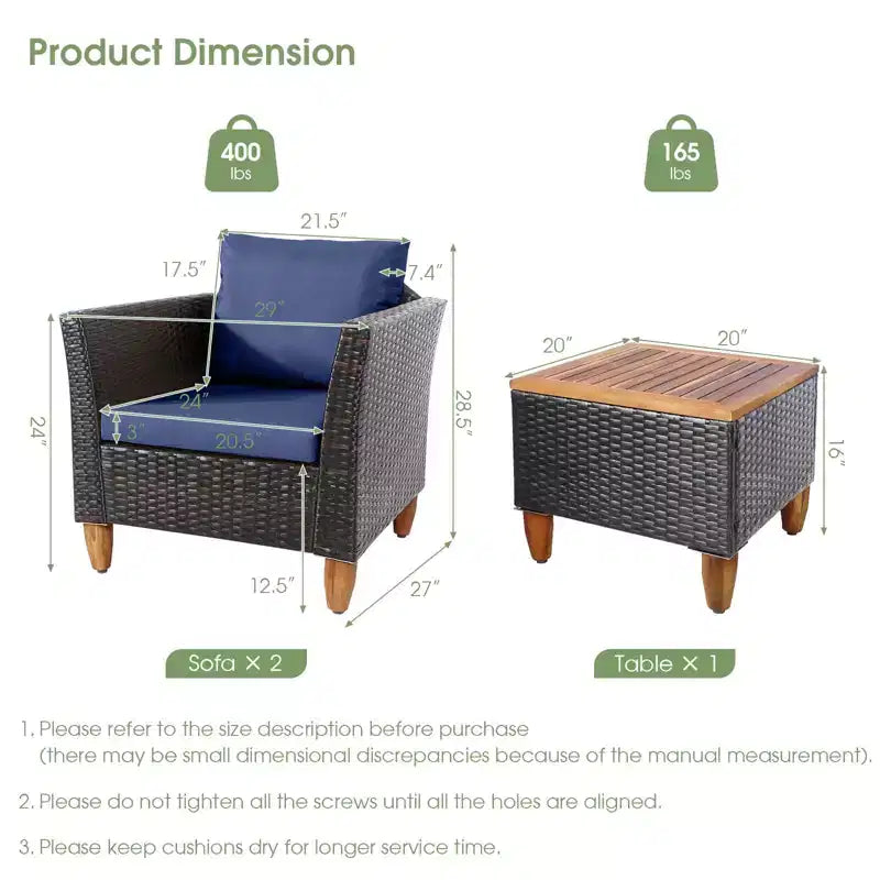 Ensemble de canapé de terrasse en rotin tressé Costway 3 pièces, mobilier d’extérieur en acacia pour conversations