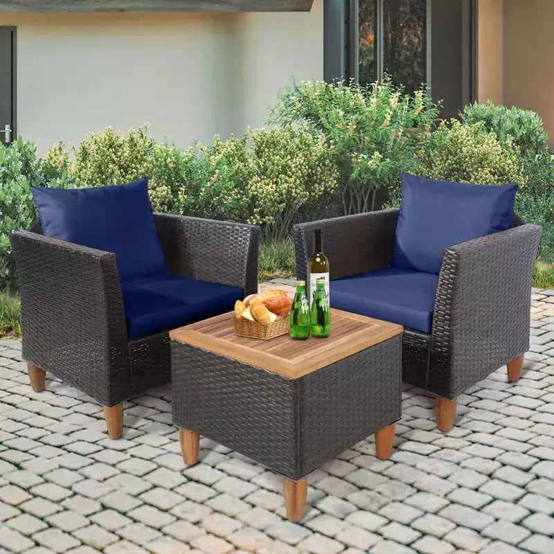 Ensemble de canapé de terrasse en rotin tressé Costway 3 pièces, mobilier d’extérieur en acacia pour conversations