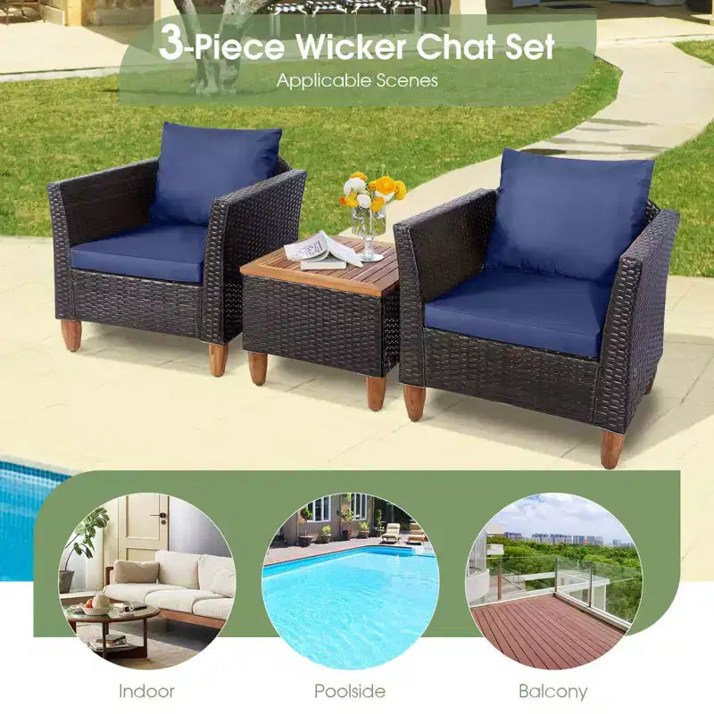 Ensemble de canapé de terrasse en rotin tressé Costway 3 pièces, mobilier d’extérieur en acacia pour conversations