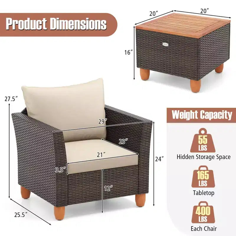 Ensemble de canapé de terrasse en rotin tressé Costway 3 pièces, mobilier d’extérieur en acacia pour conversations