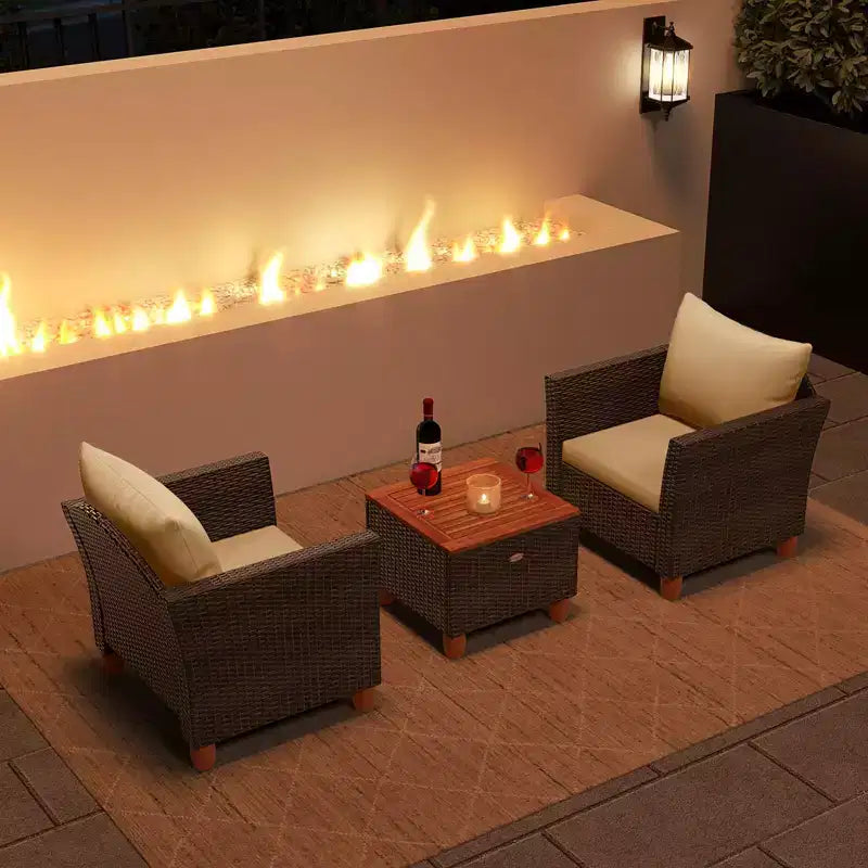 Ensemble de canapé de terrasse en rotin tressé Costway 3 pièces, mobilier d’extérieur en acacia pour conversations