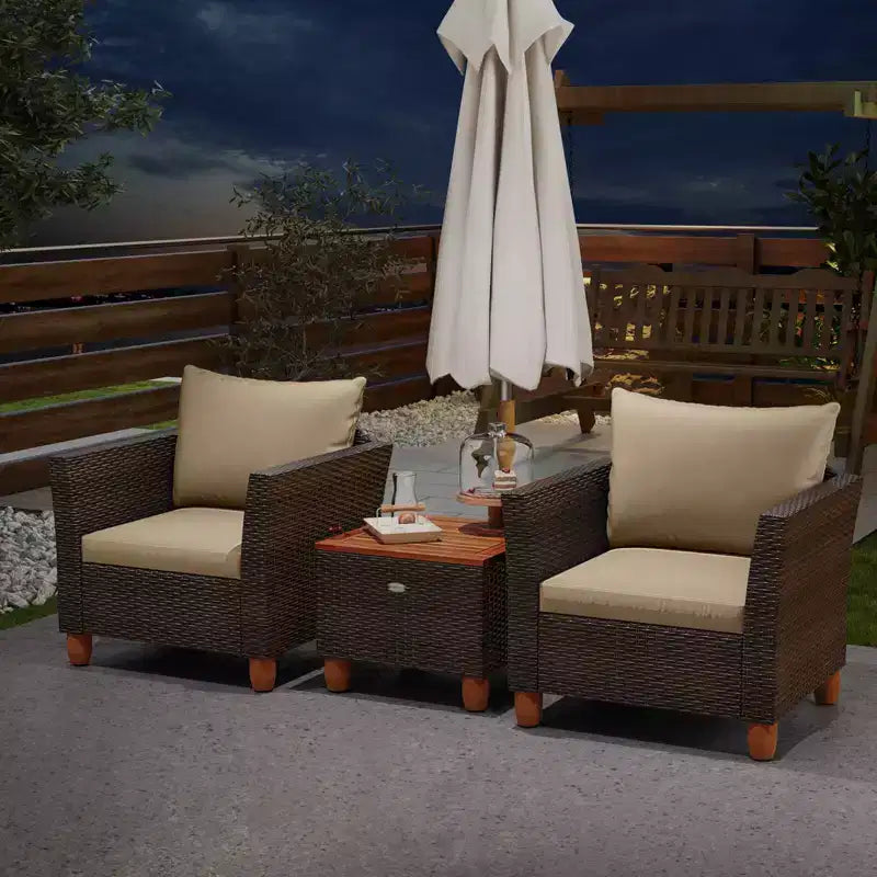 Ensemble de canapé de terrasse en rotin tressé Costway 3 pièces, mobilier d’extérieur en acacia pour conversations