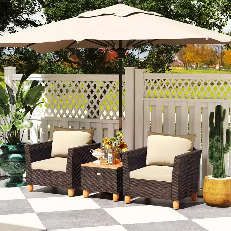 Ensemble de canapé de terrasse en rotin tressé Costway 3 pièces, mobilier d’extérieur en acacia pour conversations