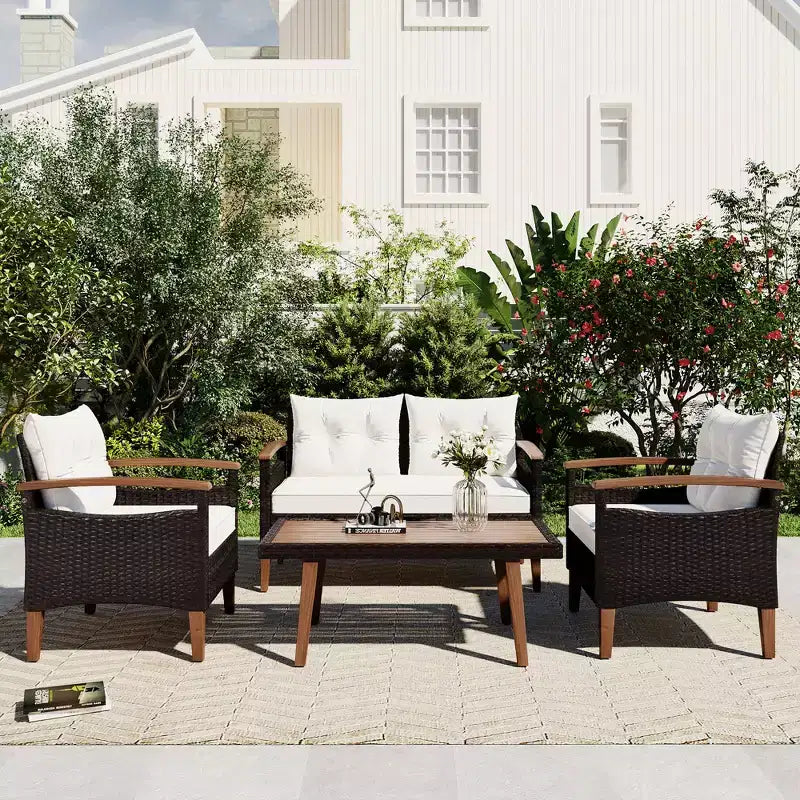 4PCS Patio PE Rattan Conversation Seating Set with Wood Tabletop and Legs-ModernLuxe