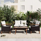 4PCS Patio PE Rattan Conversation Seating Set with Wood Tabletop and Legs-ModernLuxe