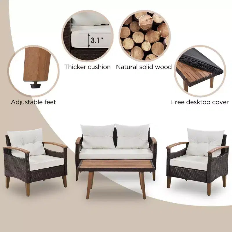 4 részes teraszon használható PE-rattan társalgógarnitúra fa asztallappal és lábakkal – ModernLuxe