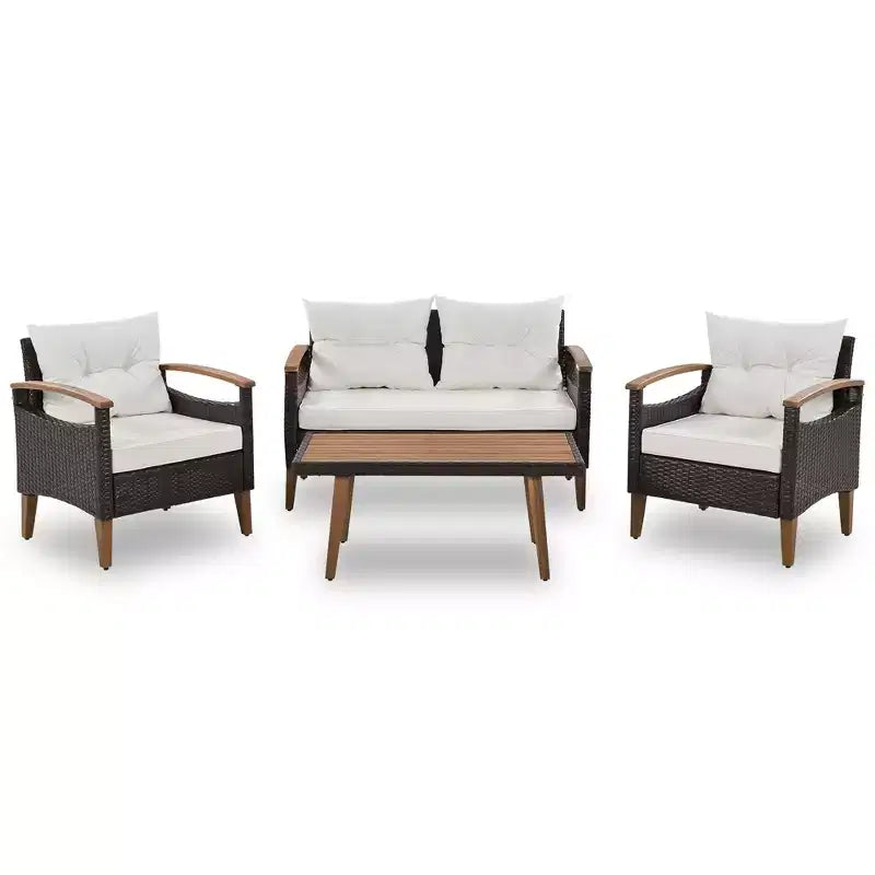 4 részes teraszon használható PE-rattan társalgógarnitúra fa asztallappal és lábakkal – ModernLuxe
