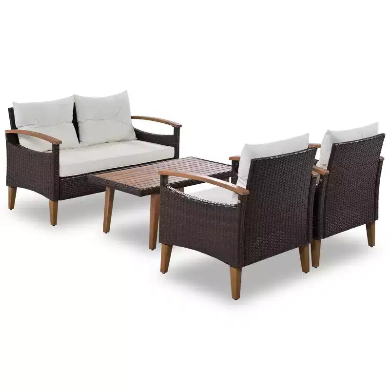 4 részes teraszon használható PE-rattan társalgógarnitúra fa asztallappal és lábakkal – ModernLuxe