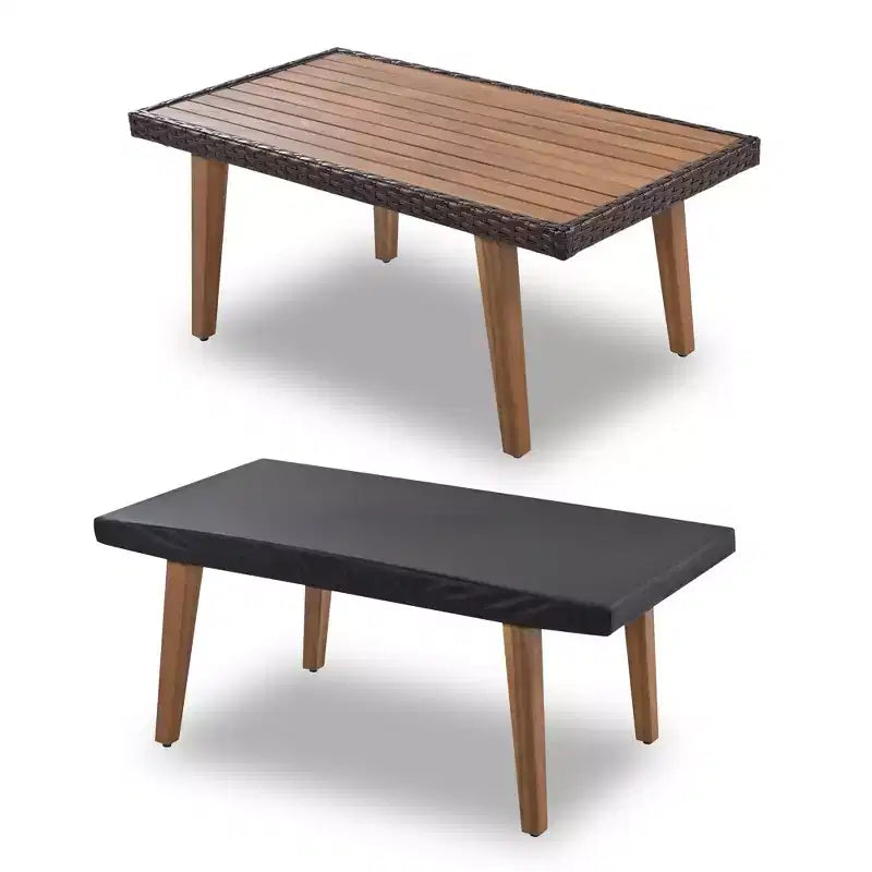 4 részes teraszon használható PE-rattan társalgógarnitúra fa asztallappal és lábakkal – ModernLuxe