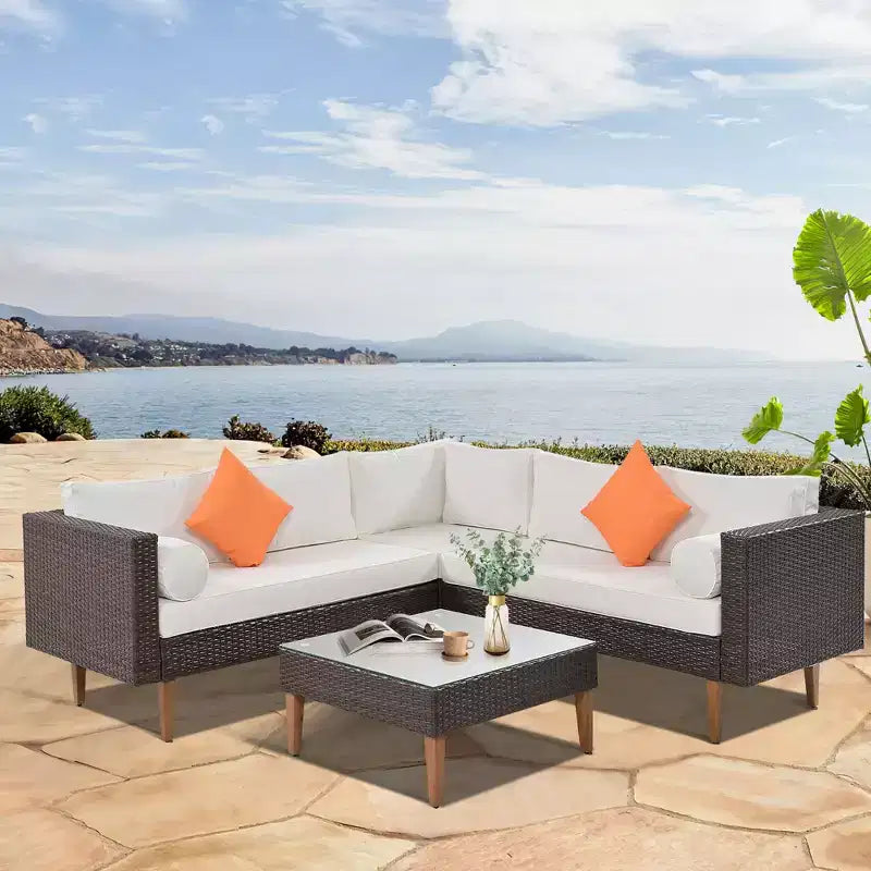 4 PCS Outdoor Wicker Sofa Set, Patio L-shape Sofa Set with Colorful Pillows- ModernLuxe