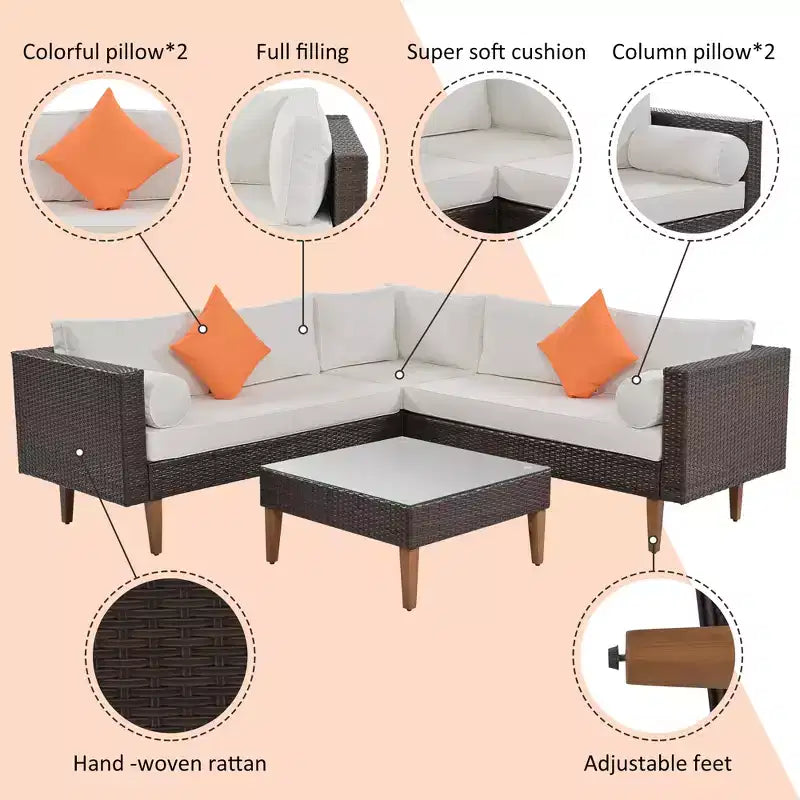 Set di divani da esterno in vimini, 4 pezzi, set di divani da patio a L con cuscini colorati - ModernLuxe