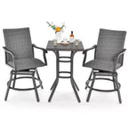 Costway 3PCS Patio Rattan Bar Table Stools Set Aluminum 360 Swivel Chairs with Padded Seat