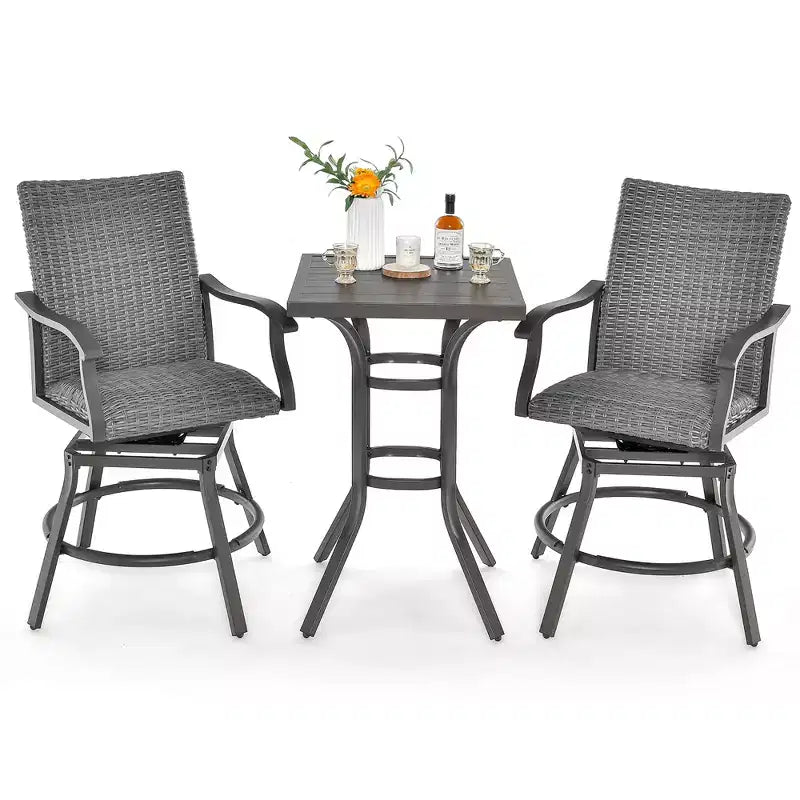 Costway 3PCS Patio Rattan Bar Table Stools Set Aluminum 360 Swivel Chairs with Padded Seat