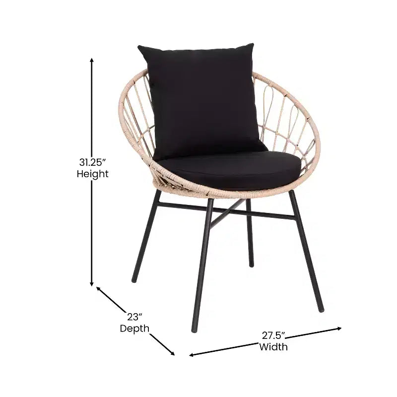 Ensemble de jardin bohème Emma and Oliver 3 pièces – fauteuils papasan en corde imitation rotin avec coussins et table d’appoint à plateau en verre