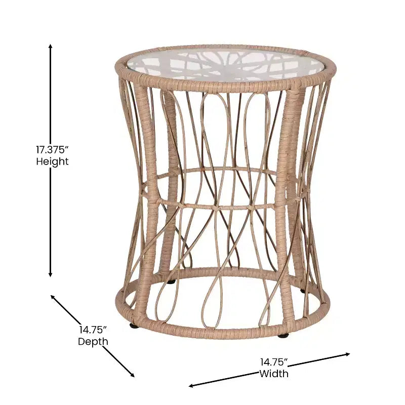 Ensemble de jardin bohème Emma and Oliver 3 pièces – fauteuils papasan en corde imitation rotin avec coussins et table d’appoint à plateau en verre