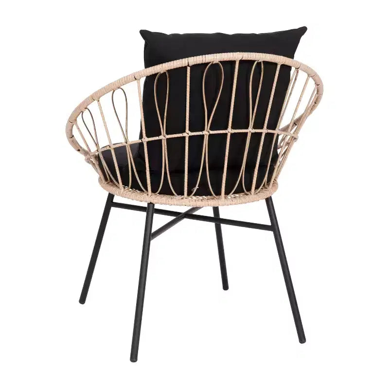 Ensemble de jardin bohème Emma and Oliver 3 pièces – fauteuils papasan en corde imitation rotin avec coussins et table d’appoint à plateau en verre
