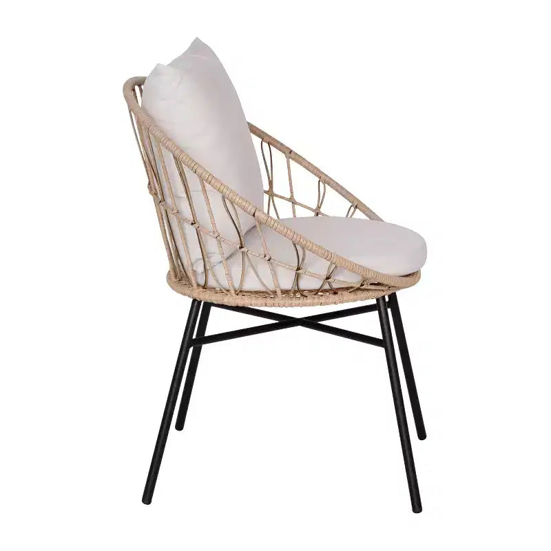 Ensemble de jardin bohème Emma and Oliver 3 pièces – fauteuils papasan en corde imitation rotin avec coussins et table d’appoint à plateau en verre