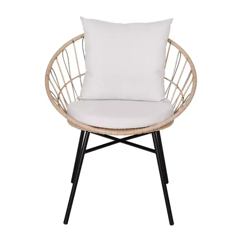 Ensemble de jardin bohème Emma and Oliver 3 pièces – fauteuils papasan en corde imitation rotin avec coussins et table d’appoint à plateau en verre