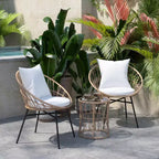 Ensemble de jardin bohème Emma and Oliver 3 pièces – fauteuils papasan en corde imitation rotin avec coussins et table d’appoint à plateau en verre