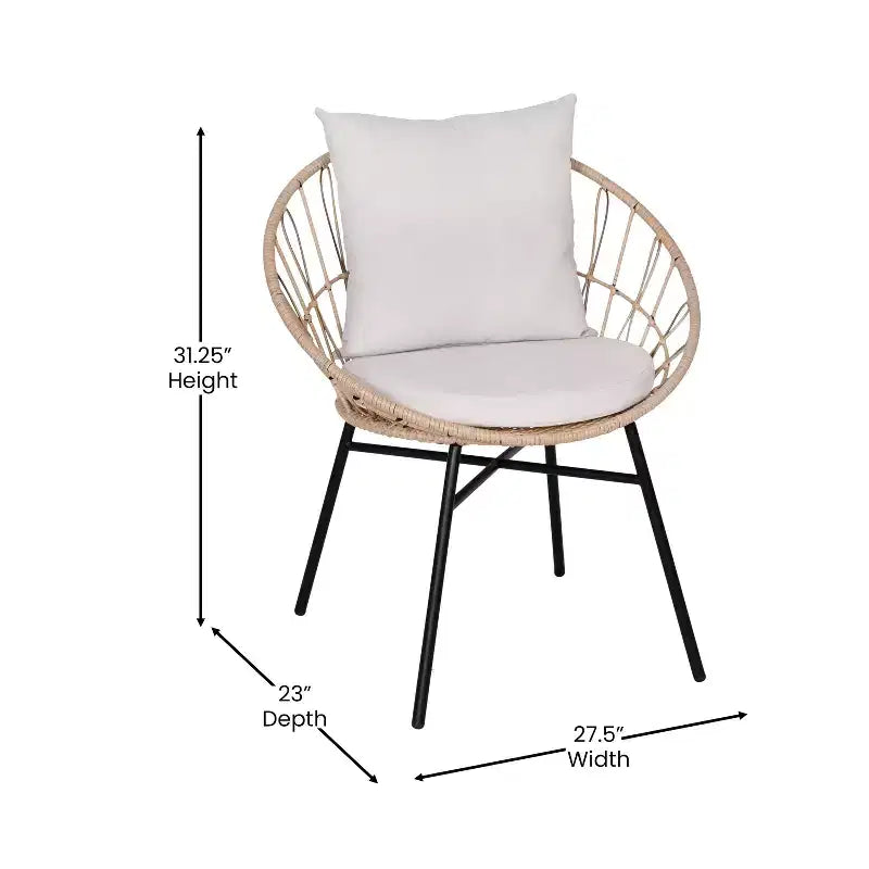 Ensemble de jardin bohème Emma and Oliver 3 pièces – fauteuils papasan en corde imitation rotin avec coussins et table d’appoint à plateau en verre