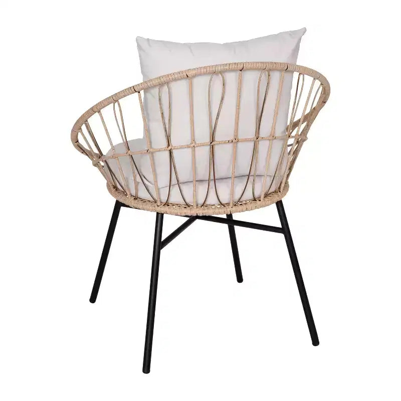 Ensemble de jardin bohème Emma and Oliver 3 pièces – fauteuils papasan en corde imitation rotin avec coussins et table d’appoint à plateau en verre
