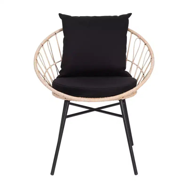 Ensemble de jardin bohème Emma and Oliver 3 pièces – fauteuils papasan en corde imitation rotin avec coussins et table d’appoint à plateau en verre