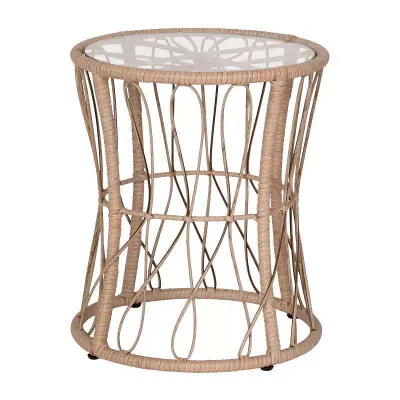 Ensemble de jardin bohème Emma and Oliver 3 pièces – fauteuils papasan en corde imitation rotin avec coussins et table d’appoint à plateau en verre