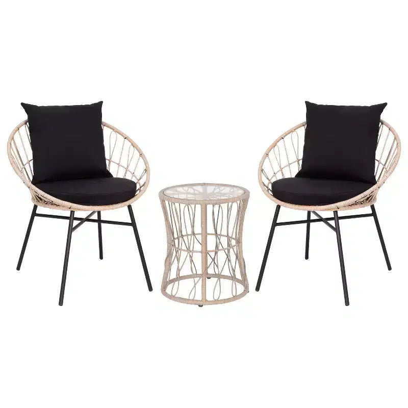 Emma and Oliver 3 Piece Boho Patio Set - Faux Rattan Rope Papasan Style Chairs with Cushions and Glass Topped Side Table