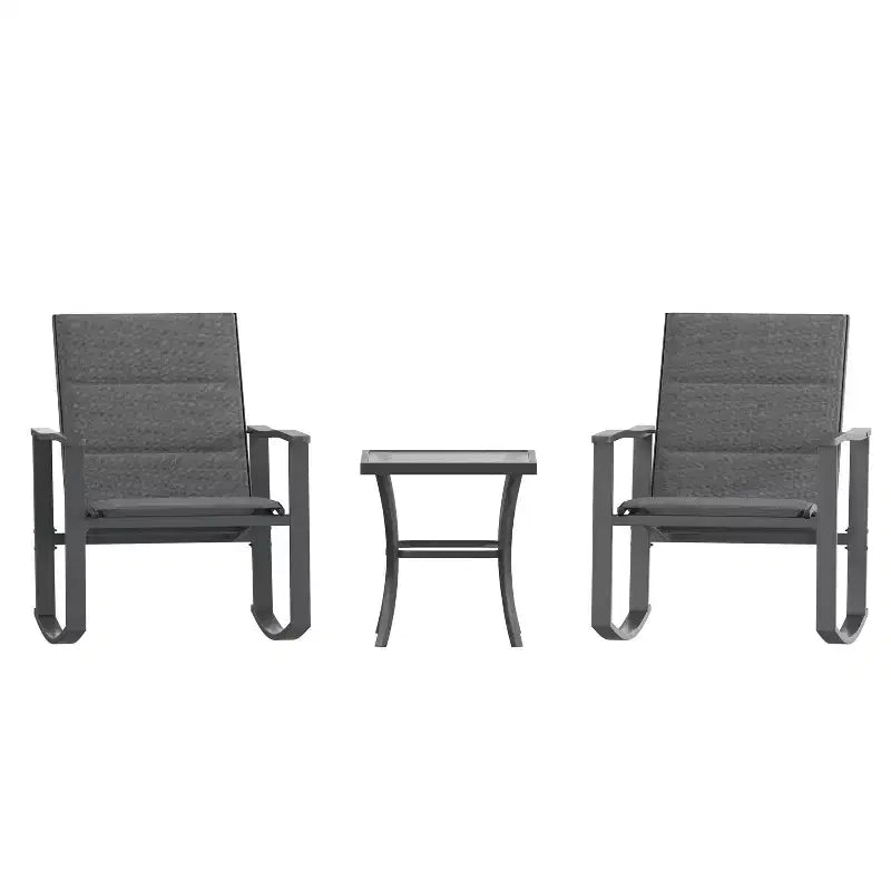 Ensemble de jardin Emma and Oliver 3 pièces avec fauteuils à bascule d’extérieur en matériau Flex Comfort et table à plateau en verre à structure métallique