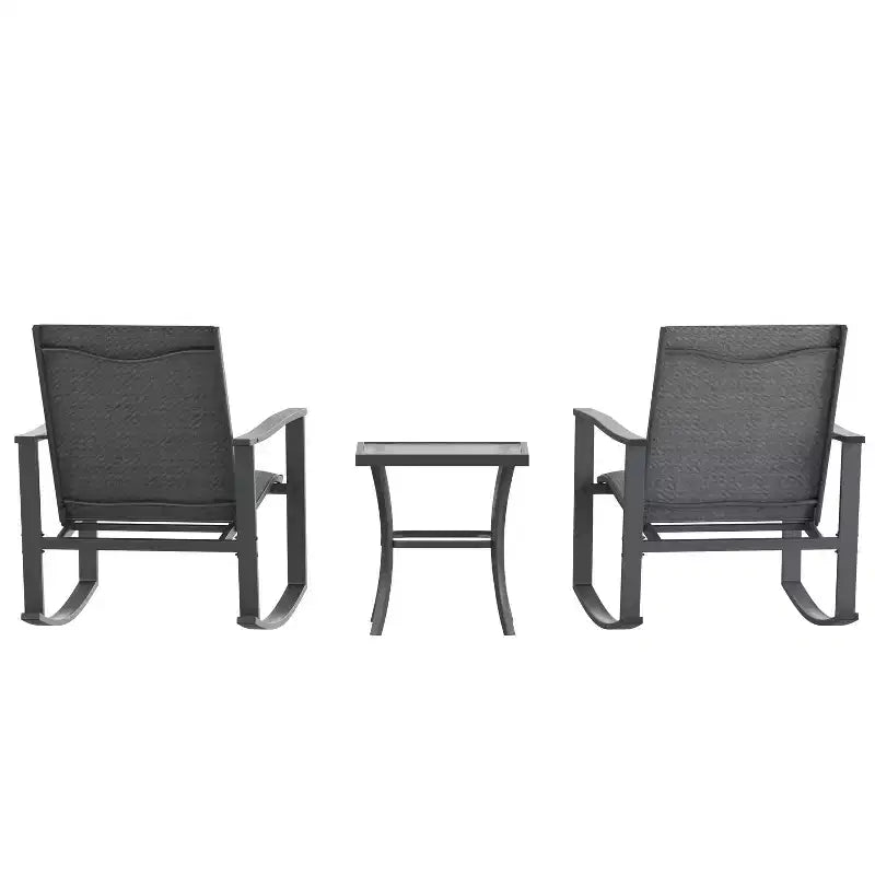 Ensemble de jardin Emma and Oliver 3 pièces avec fauteuils à bascule d’extérieur en matériau Flex Comfort et table à plateau en verre à structure métallique