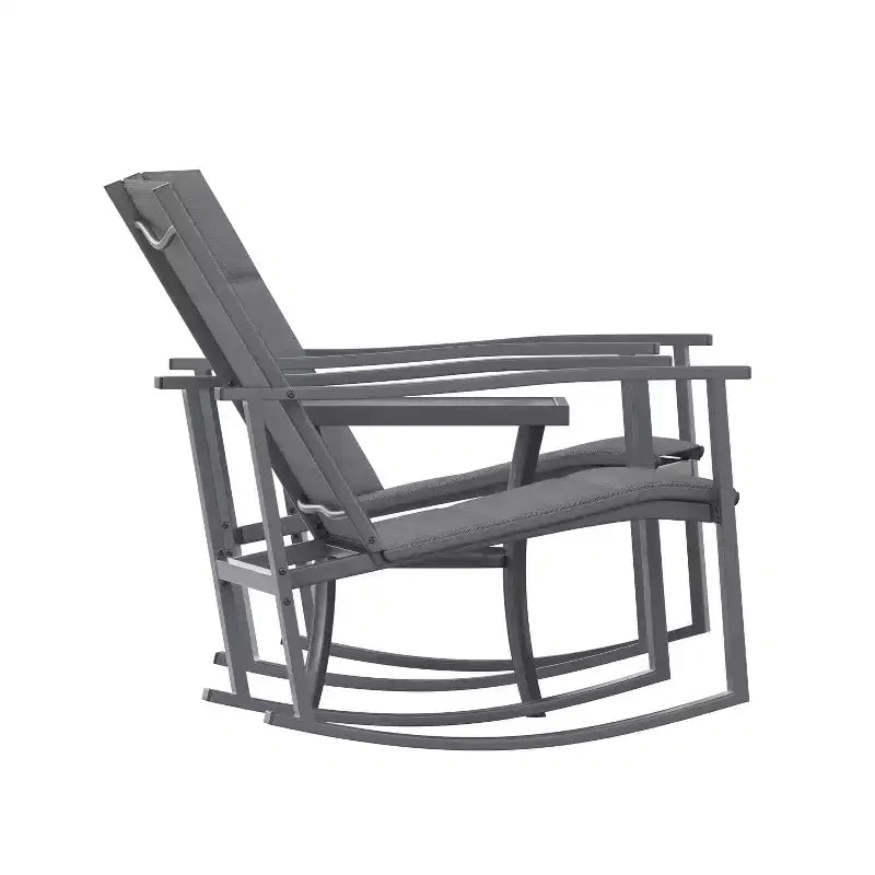 Ensemble de jardin Emma and Oliver 3 pièces avec fauteuils à bascule d’extérieur en matériau Flex Comfort et table à plateau en verre à structure métallique