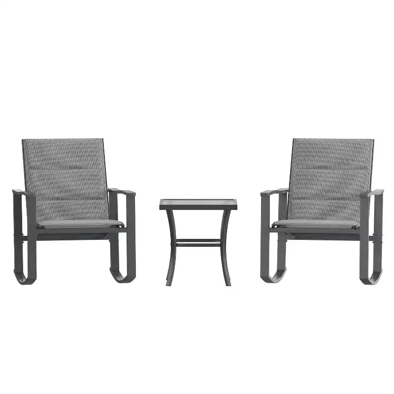 Ensemble de jardin Emma and Oliver 3 pièces avec fauteuils à bascule d’extérieur en matériau Flex Comfort et table à plateau en verre à structure métallique