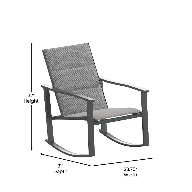 Ensemble de jardin Emma and Oliver 3 pièces avec fauteuils à bascule d’extérieur en matériau Flex Comfort et table à plateau en verre à structure métallique