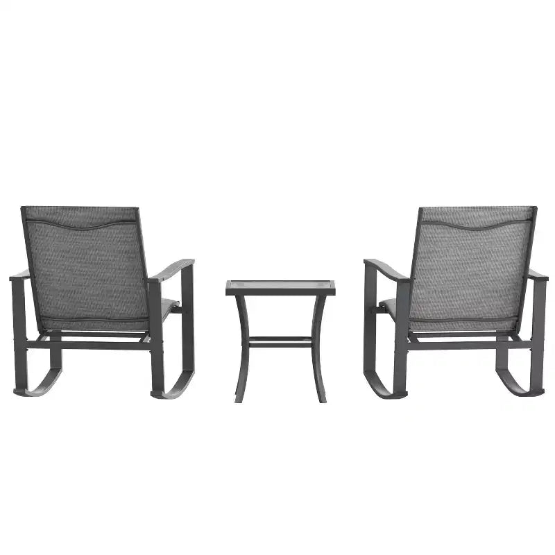 Ensemble de jardin Emma and Oliver 3 pièces avec fauteuils à bascule d’extérieur en matériau Flex Comfort et table à plateau en verre à structure métallique