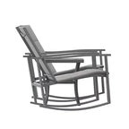 Ensemble de jardin Emma and Oliver 3 pièces avec fauteuils à bascule d’extérieur en matériau Flex Comfort et table à plateau en verre à structure métallique