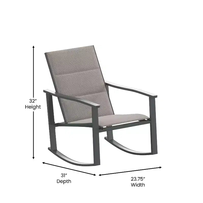 Ensemble de jardin Emma and Oliver 3 pièces avec fauteuils à bascule d’extérieur en matériau Flex Comfort et table à plateau en verre à structure métallique