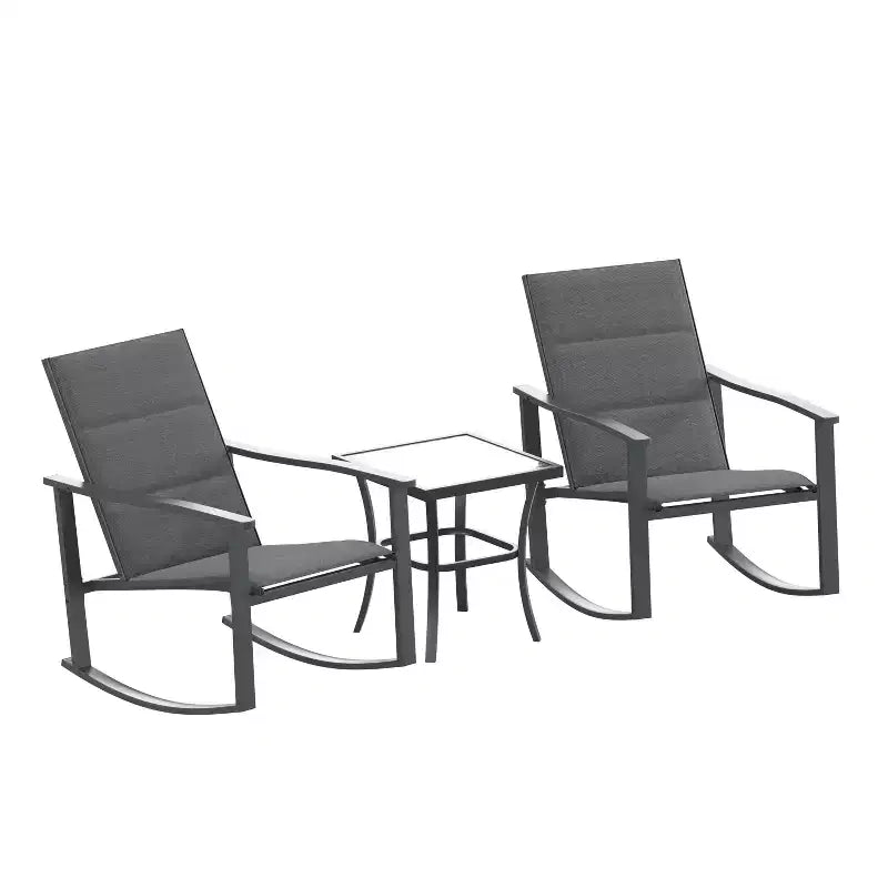 Ensemble de jardin Emma and Oliver 3 pièces avec fauteuils à bascule d’extérieur en matériau Flex Comfort et table à plateau en verre à structure métallique