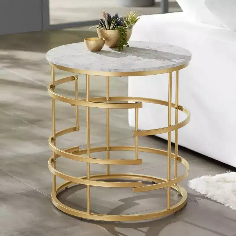 Studio 55D Brassica Modern Metal Round Geometric Tea Table 23 3/4 Wide Gold Cream Gray Faux Marble Tabletop for Living Room Bedroom House