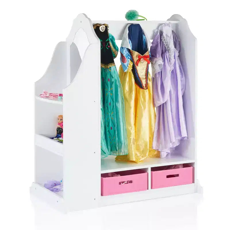 Guidecraft Kids' Dress Up Vanity- White: Children's Closet Organizer, Dress Up Armoire and Clothes Rack with Mirrors and Storage Bins