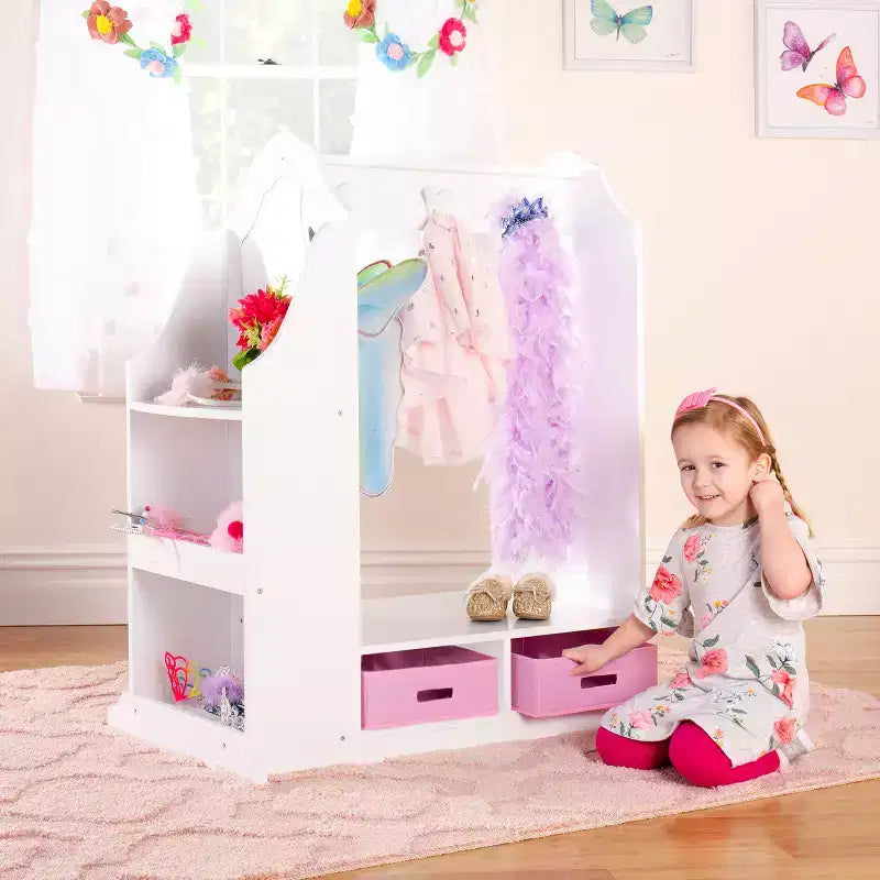 Coiffeuse de déguisement pour enfants Guidecraft, blanche : organiseur de vêtements, armoire et portant de déguisement avec miroirs et bacs de rangement
