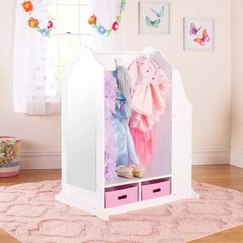 Coiffeuse de déguisement pour enfants Guidecraft, blanche : organiseur de vêtements, armoire et portant de déguisement avec miroirs et bacs de rangement