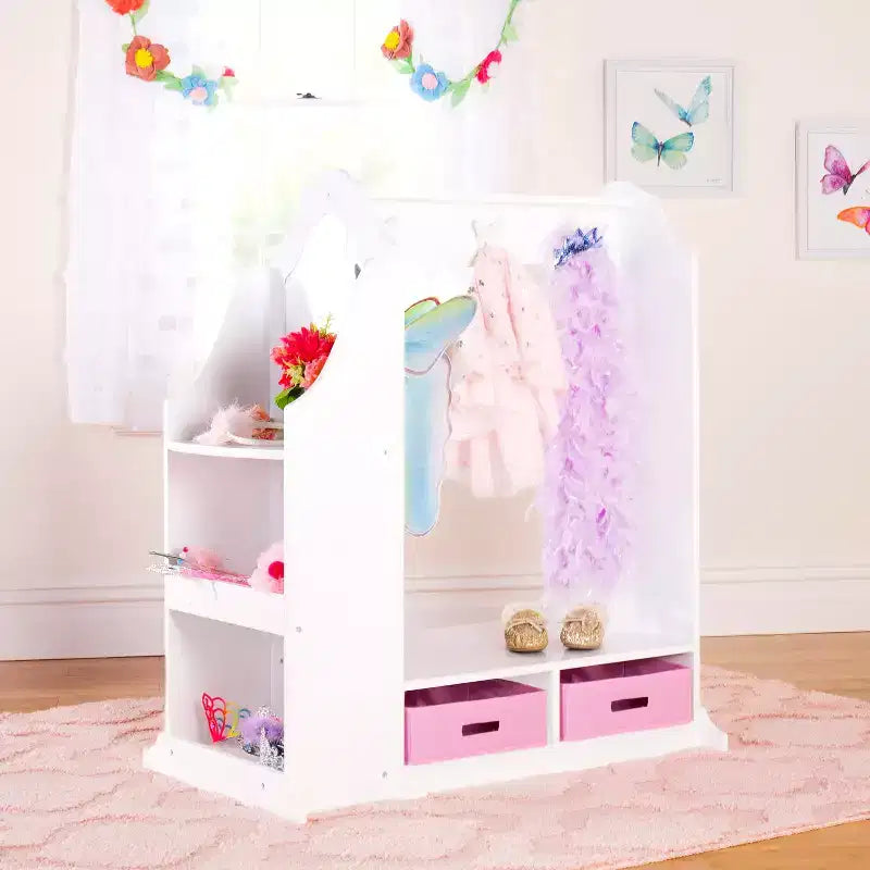 Coiffeuse de déguisement pour enfants Guidecraft, blanche : organiseur de vêtements, armoire et portant de déguisement avec miroirs et bacs de rangement