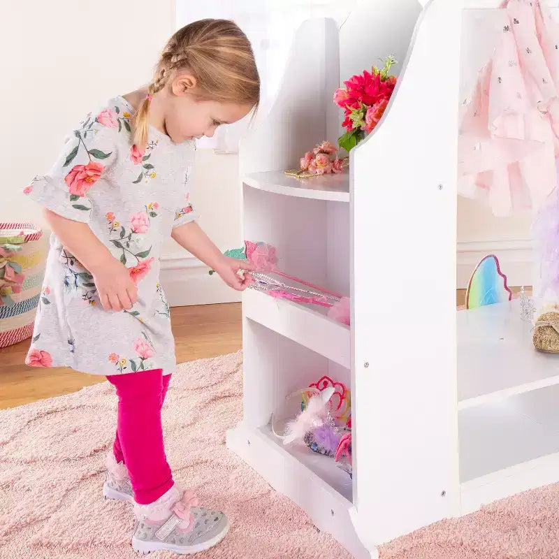 Coiffeuse de déguisement pour enfants Guidecraft, blanche : organiseur de vêtements, armoire et portant de déguisement avec miroirs et bacs de rangement