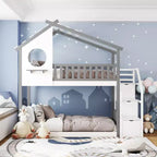 House Shape Twin-Over-Twin Double Bunk Bed with Storage Stairs - ModernLuxe