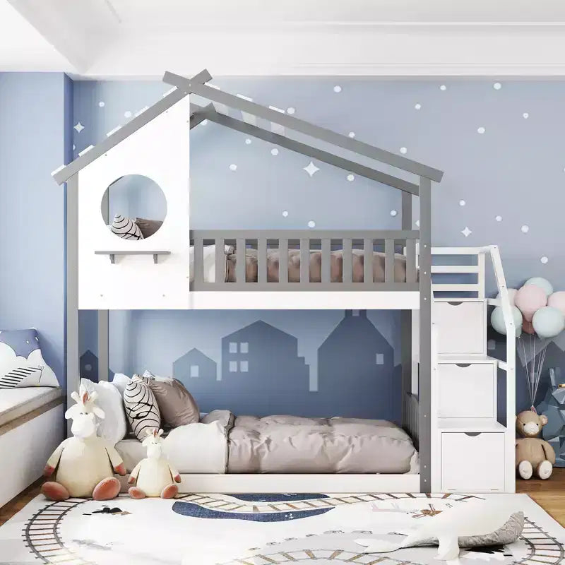 House Shape Twin-Over-Twin Double Bunk Bed with Storage Stairs - ModernLuxe