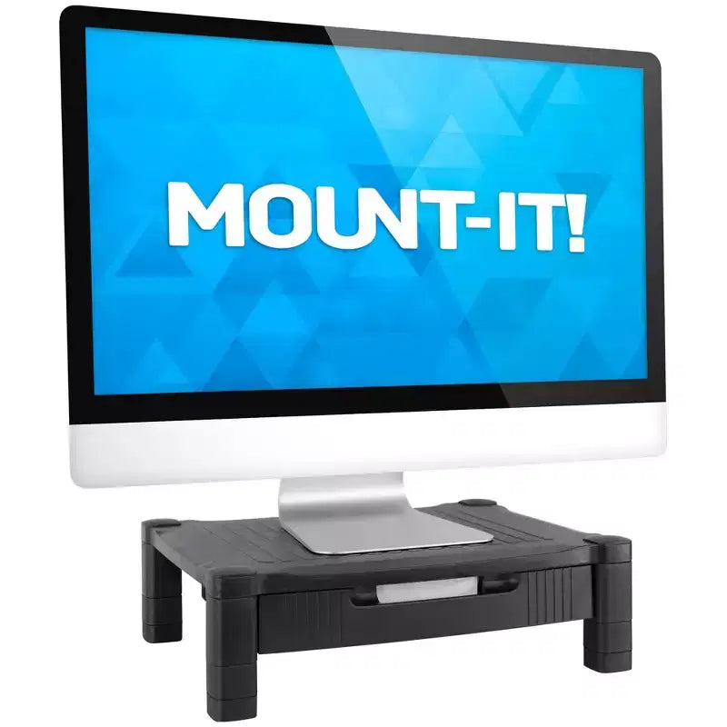 Mount-It! Monitorerhöhung mit Schublade | höhenverstellbarer Monitorständer mit ausziehbarem Stauraum in drei Reihen | Erhöhung für Computerbildschirm, Drucker oder Laptop