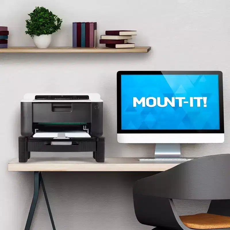 Mount-It! Monitorerhöhung mit Schublade | höhenverstellbarer Monitorständer mit ausziehbarem Stauraum in drei Reihen | Erhöhung für Computerbildschirm, Drucker oder Laptop