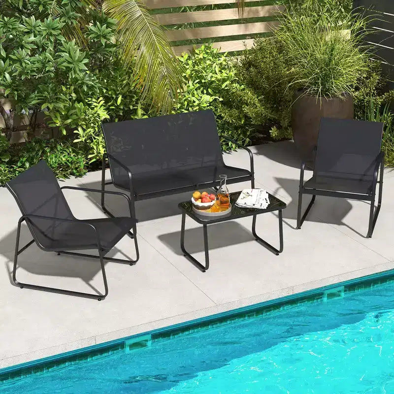 Costway ensemble de mobilier de terrasse 4 pièces avec table basse en verre trempé, fauteuil et causeuse d’extérieur